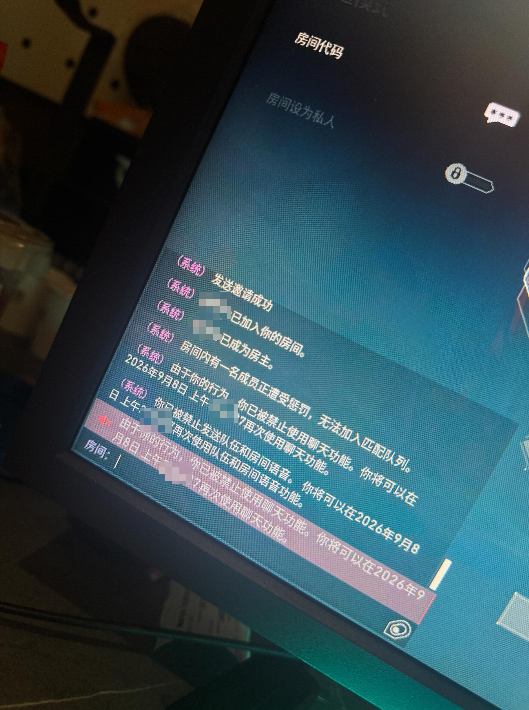 《无畏契约》房间界面显示聊天和语音功能被系统限制｜来源：用户提供