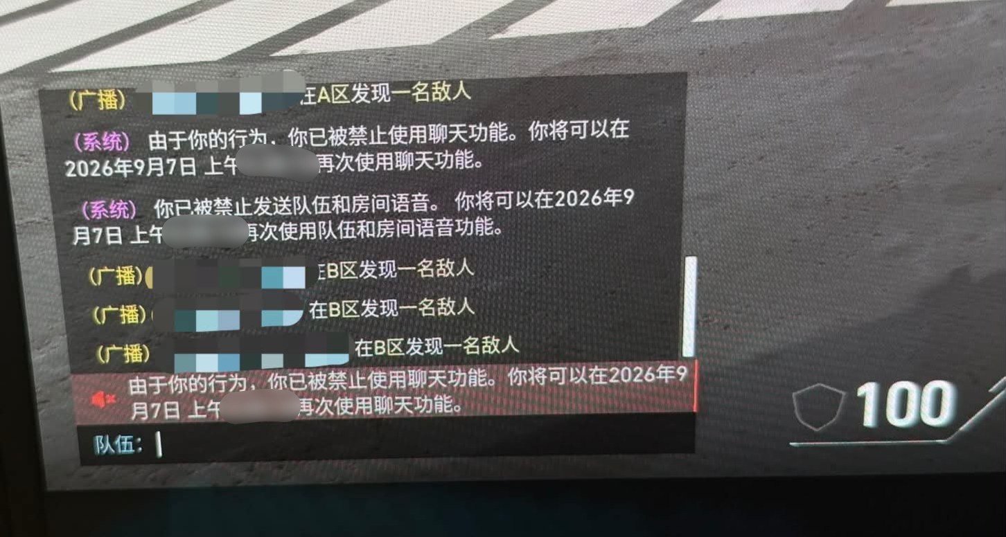 《无畏契约》国服截图显示账号被禁止使用聊天以及队伍、房间语音功能｜来源：用户提供