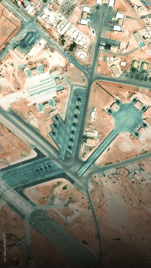 社交媒体流传的约旦Muwaffaq Salti空军基地卫星图,画面可见基地跑道、机坪与战机部署|来源:Radar360 / Fars News Agency