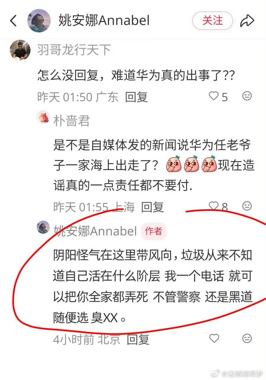 网络流传的评论区截图。截图显示名为“姚安娜Annabel”的账号作出带有死亡威胁意味的回复。图片由编辑提供