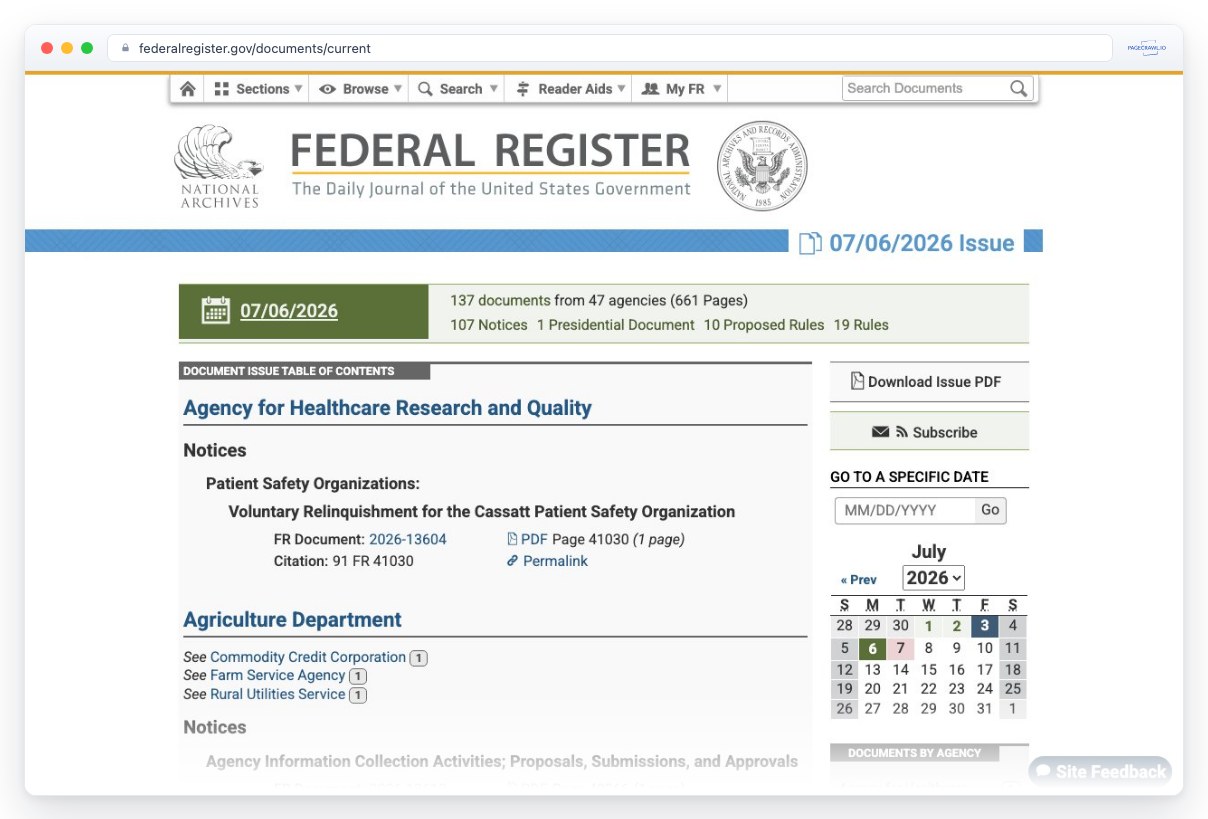 美国Federal Register网站界面资料图｜来源：PageCrawl