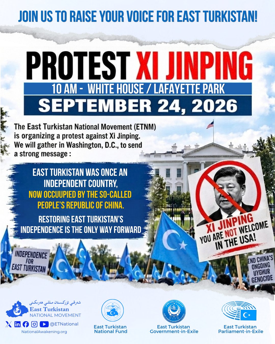 East Turkistan National Movement在X发布9月24日白宫附近抗议习近平的活动海报|来源:East Turkistan National Movement / X