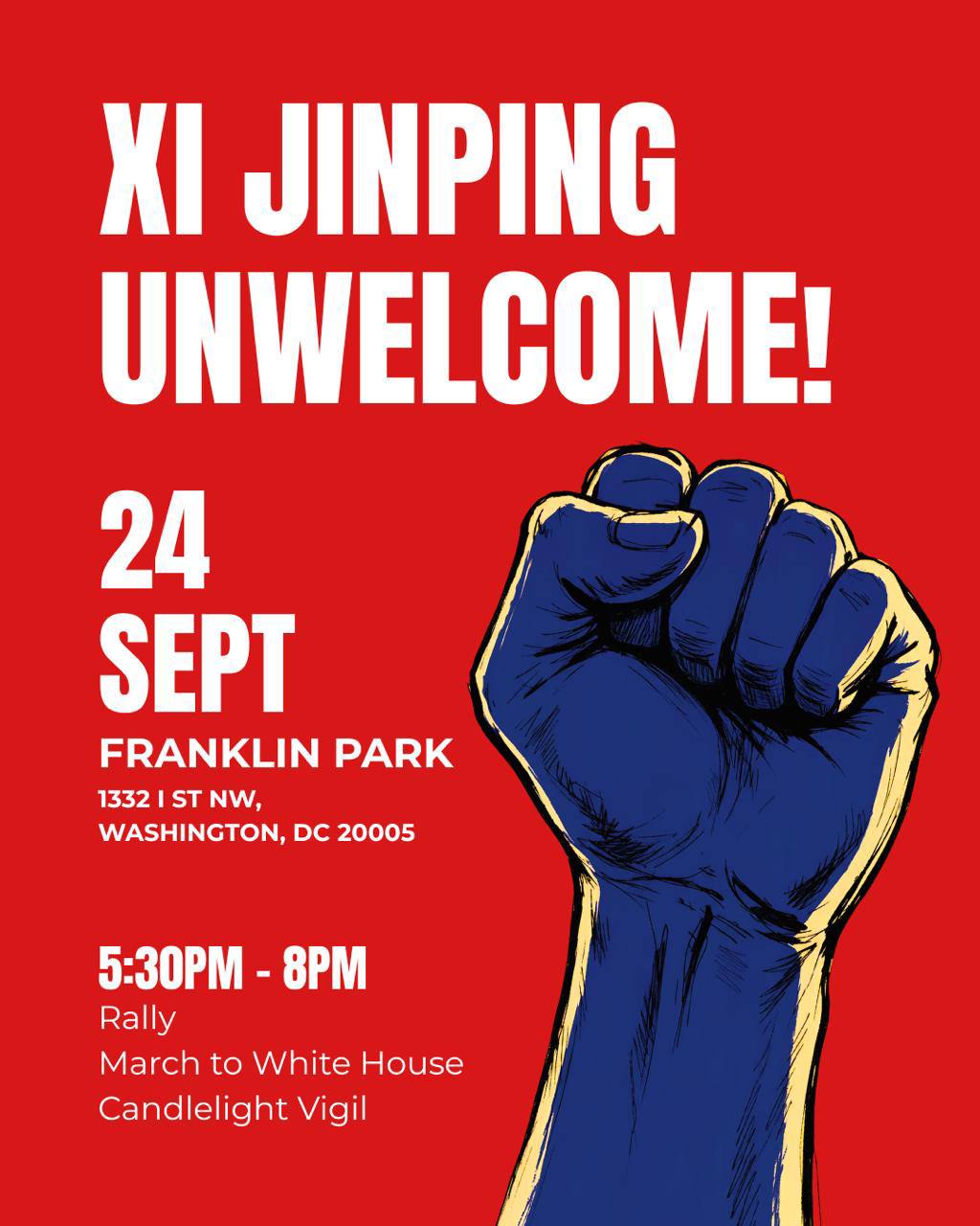 Hong Kong Democracy Council在X发布9月24日Franklin Park集会、游行至白宫并举行烛光活动的抗议海报|来源:Hong Kong Democracy Council / X