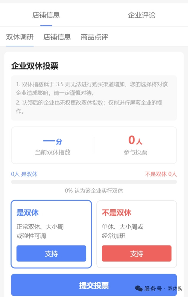 “双休购”平台企业双休投票界面。华龙网转载极目新闻报道，图片来源标注为“双休购服务号”｜来源：华龙网转载极目新闻 / 双休购服务号