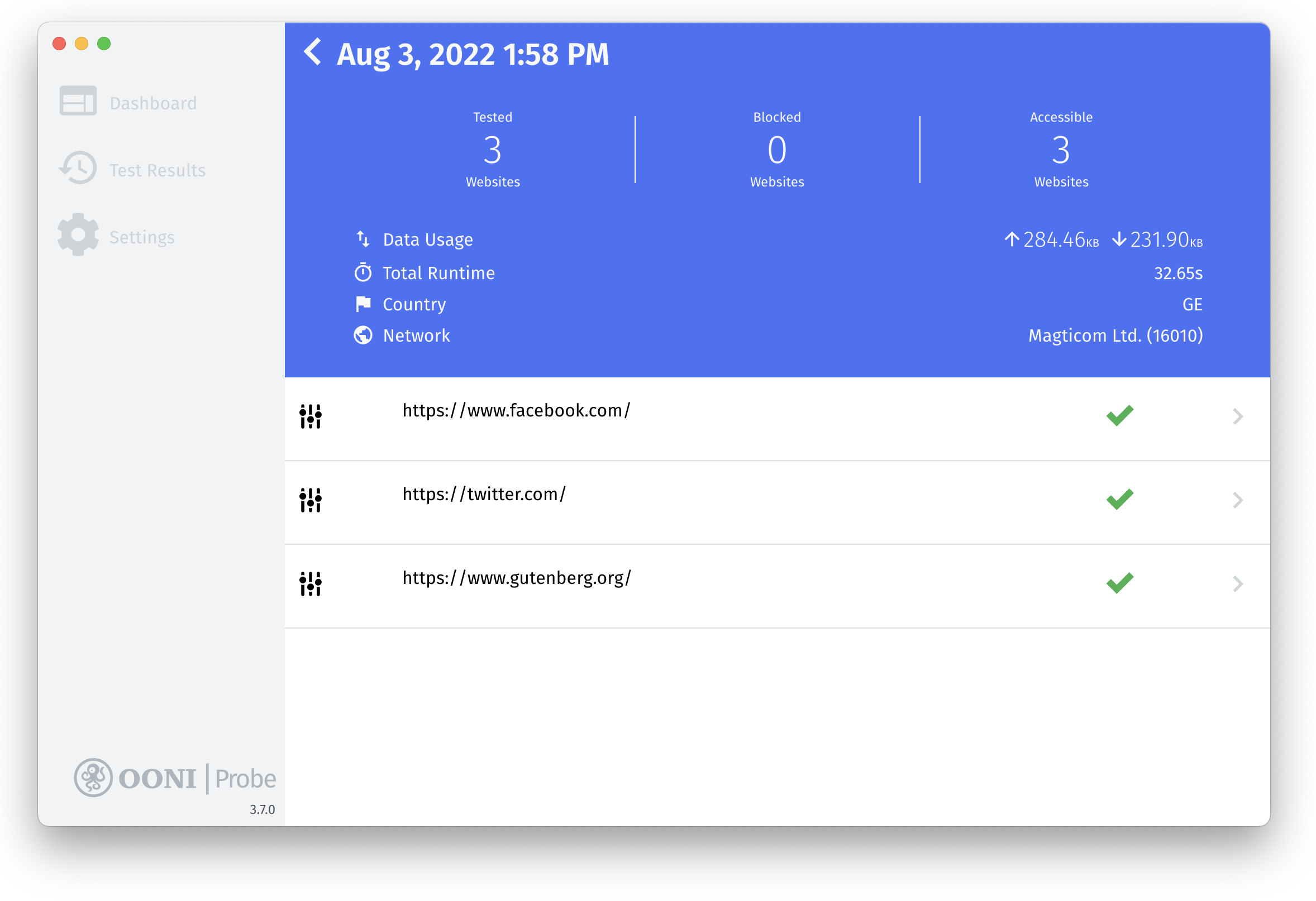 OONI Probe桌面端会列出被测试的网站及阻断结果,用于记录网络干扰证据