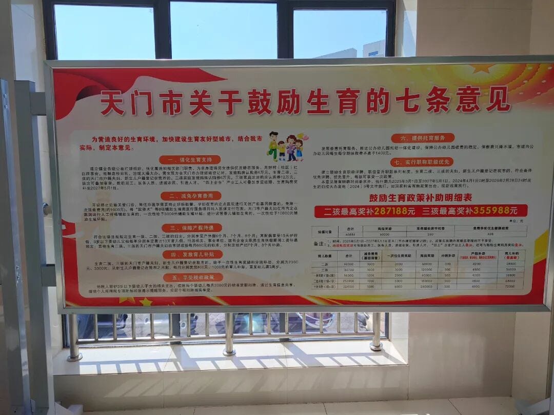 天门市此前公开的鼓励生育政策宣传栏,列出多项育儿补贴和支持措施|来源:公开报道资料图