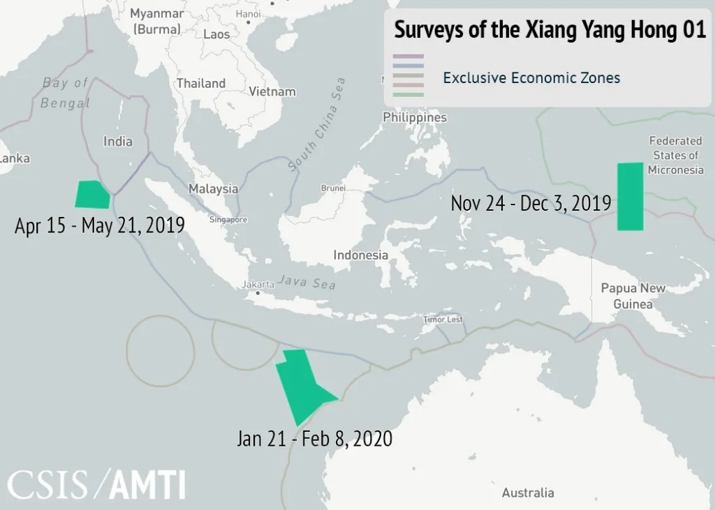 CSIS制作的向阳红01号2019—2020年调查区域历史地图,非本次报告专属统计图|来源:CSIS / AMTI