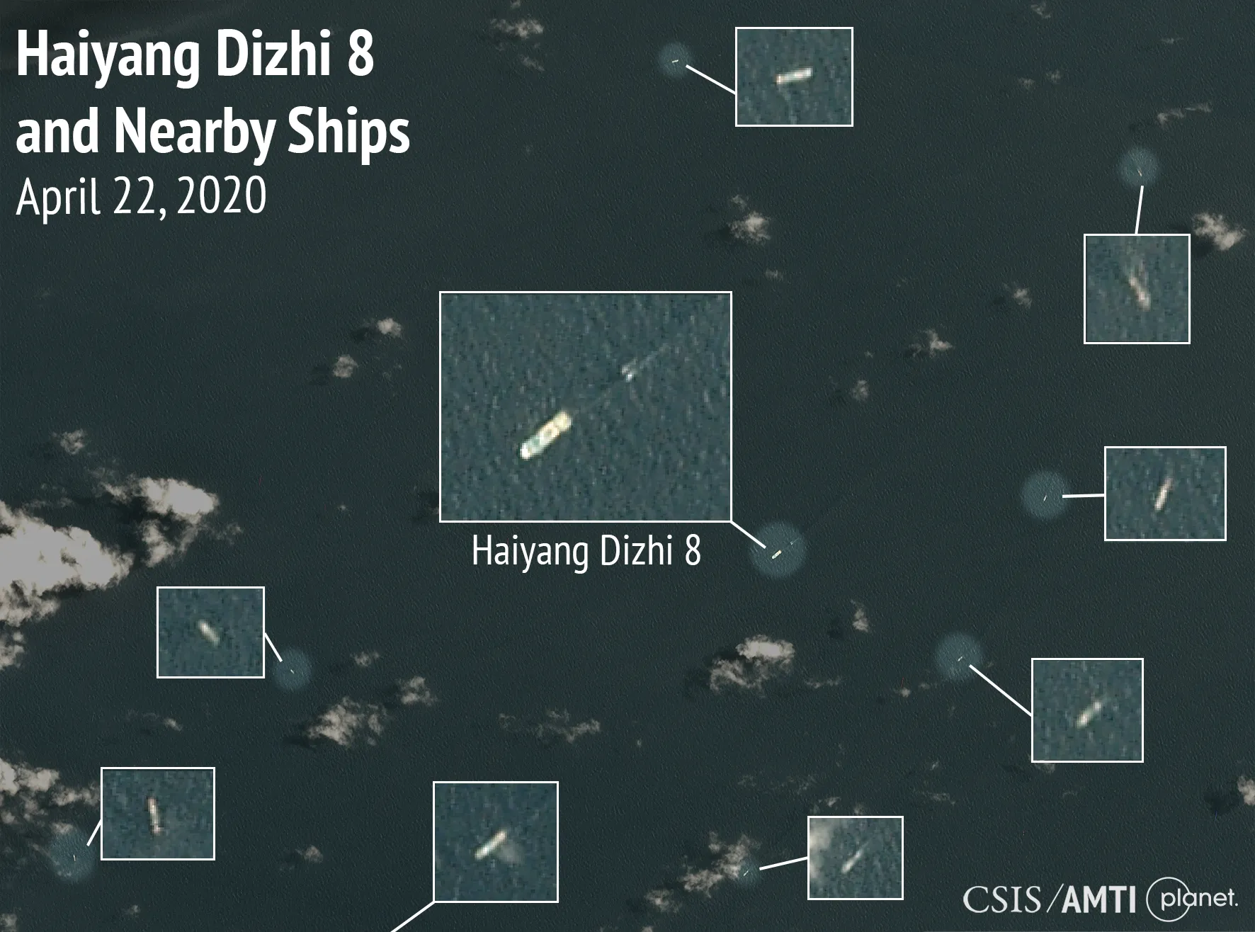CSIS历史卫星定位图:2020年海洋地质八号与附近船舶,并非2026年图像|来源:CSIS / AMTI